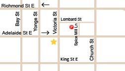 Street map showing Heer Law location at 25 Adelaide Street East